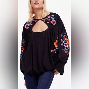 🔥FP Movement by Free People Lita Embroidered Black Floral Blouse Sz Large🔥